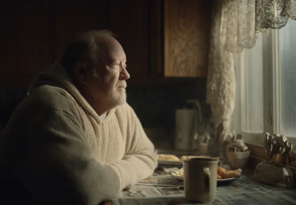 En medelålders man sitter vid köksbordet med en kopp kaffe och blickar ut genom fönstret. Den mjuka belysningen skapar en lugn atmosfär. Midcent erbjuder insikter om livets reflektioner och mänskliga känslor.Kategori: Samhälle.