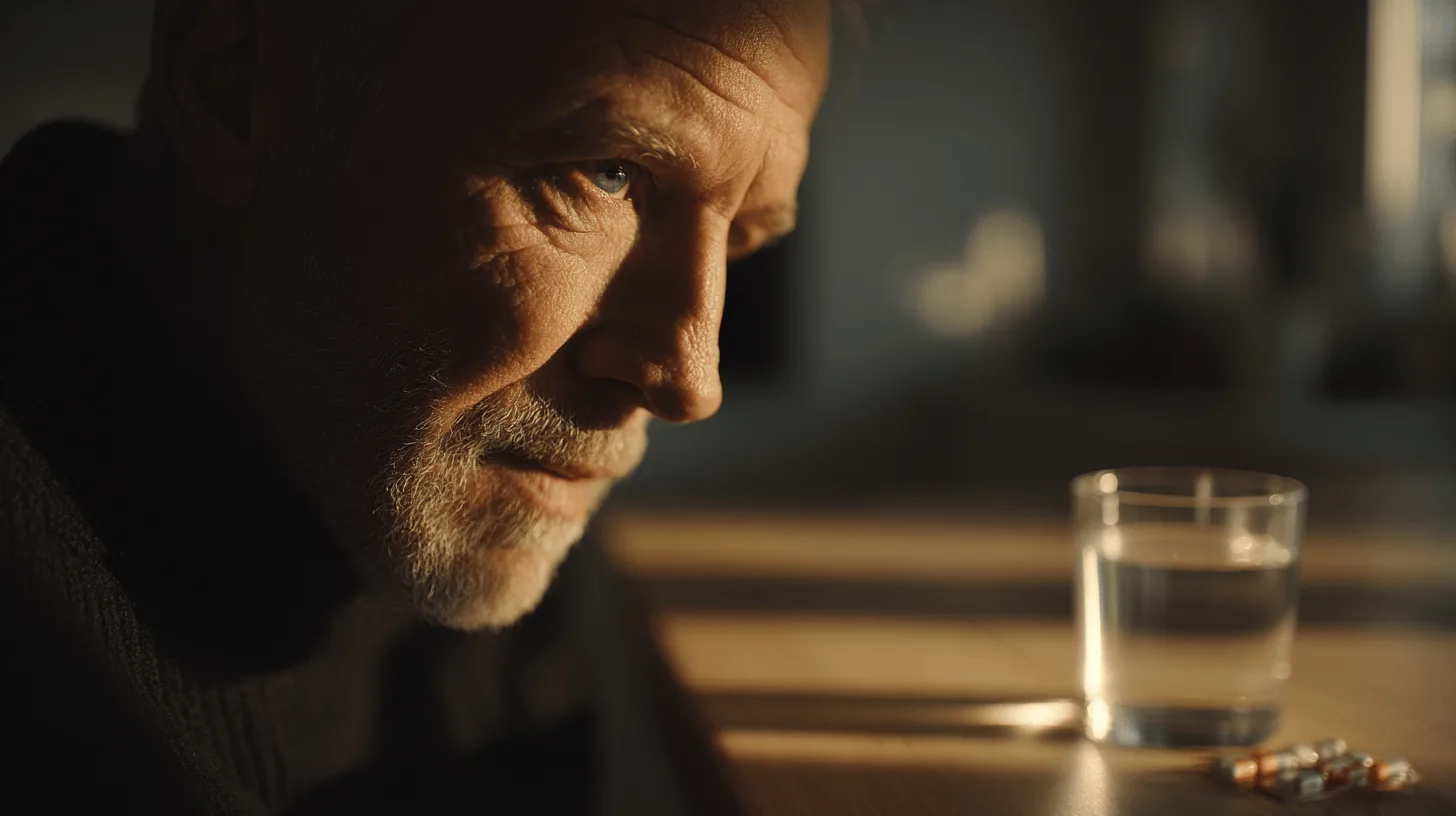 Midcent: En medelålders man tittar tankfullt på ett glas vatten och några kapslar på ett bord, fångad i ett stämningsfullt ljus. Hälsa.