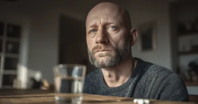 Midcent: En medelålders man sitter vid ett bord med ett glas vatten och tabletter i fokus, vilket antyder hälsa och eftertänksamhet. Kategori: Hälsa.