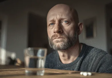 Midcent: En medelålders man sitter vid ett bord med ett glas vatten och tabletter i fokus, vilket antyder hälsa och eftertänksamhet. Kategori: Hälsa.