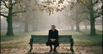 Midcent: En medelålders man sitter på en parkbänk omgiven av höstlöv och träd. Scenen är drömlik med mjukt ljus genom dimman, vilket skapar en lugn atmosfär. Perfekt för att inspirera reflektion och frid. Kategori: Samh