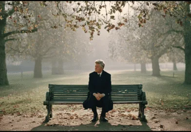 Midcent: En medelålders man sitter på en parkbänk omgiven av höstlöv och träd. Scenen är drömlik med mjukt ljus genom dimman, vilket skapar en lugn atmosfär. Perfekt för att inspirera reflektion och frid. Kategori: Samh