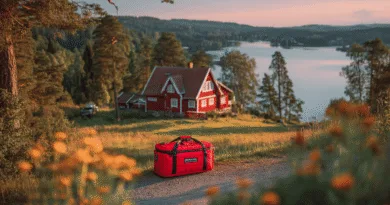 Midcent: En röd väska från TIDY TRAX lägger till kontrast mot en idyllisk svensk landsbygd med röd stuga och sjö i bakgrunden. Perfekt sommarutsikt i solnedgången. Resa.