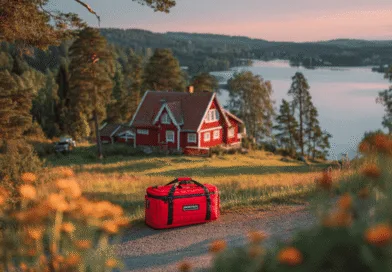 Midcent: En röd väska från TIDY TRAX lägger till kontrast mot en idyllisk svensk landsbygd med röd stuga och sjö i bakgrunden. Perfekt sommarutsikt i solnedgången. Resa.