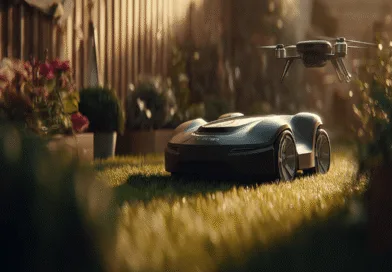 Midcent presenterar avancerad trädgårdsteknik med en robotgräsklippare och drönare i somrig miljö. Innovativt och modernt automatiserat trädgårdsarbete som revolutionerar skötseln av din gräsmatta. Perfekt för framtidens smarta hem.Kategori: