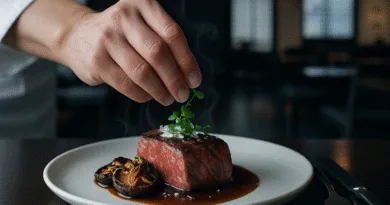 Midcent: En elegant presentation av en gourmetmåltid med saftig köttbit och svamp, toppad med färska örter. Perfekt för finsmakaren som söker kulinarisk perfektion i en sofistikerad miljö. Mat.