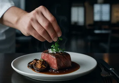 Midcent: En elegant presentation av en gourmetmåltid med saftig köttbit och svamp, toppad med färska örter. Perfekt för finsmakaren som söker kulinarisk perfektion i en sofistikerad miljö. Mat.