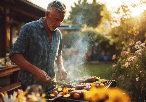 Midcent: En medelålders man grillar i en solig trädgård. Hanterar kött och grönsaker med omsorg och skicklighet. Rök stiger från grillen, omgiven av blommor och natur. En perfekt sommardag. Kategori: Mat.