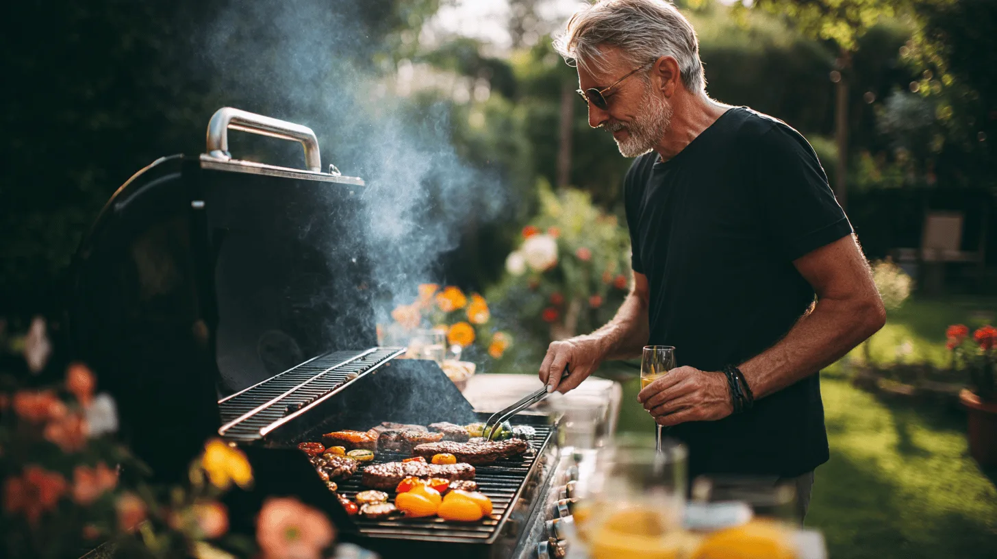 Midcent: En medelålders man grillar mat i en grönskande trädgård. Han håller ett glas och använder tång, omgiven av blommor och grönska. Lugn och trivsam atmosfär. Mat.