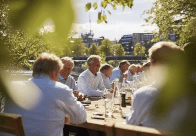 Midcent - En medelålders man deltar i en utomhusaffärslunch med kollegor på en solig dag. Mötet sker runt ett stort träbord, omgiven av grönska och stadsvyer. Ekonomi.