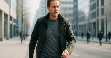 En medelålders man promenerar i en urban miljö omgiven av moderna byggnader i ett affärsdistrikt. Denna bild förmedlar en dynamisk och professionell atmosfär. Midcent Ekonomi.