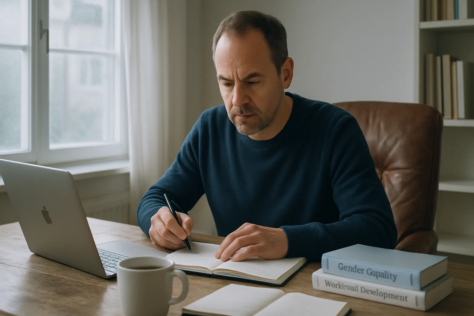 Midcent: En medelålders man arbetar fokuserat vid ett skrivbord med en laptop, anteckningsblock och böcker. Ljusstark miljö framhäver hans koncentration och engagemang. Perfekt för artiklar om arbetsmiljö och produktivitet. Kategori: Ekonomi.