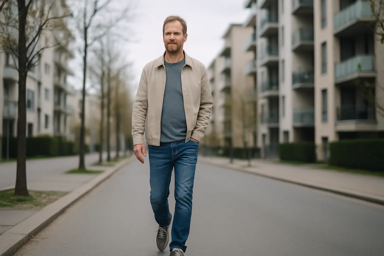 En medelålders man promenerar på en modern stadsboulevard omgiven av bostadshus. Bilden utstrålar urban livsstil och komfort. Midcent. Kategori: Samhälle.