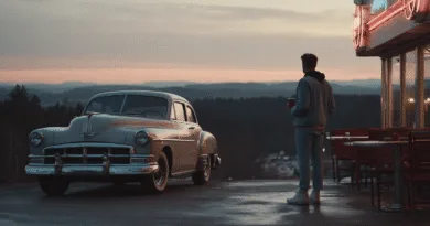 Midcent: En ung man i jeansjacka står bredvid en klassisk bil utanför ett retro-inspirerat kafé vid solnedgången. Lugnt landskap i bakgrunden, vilket skapar en nostalgisk känsla. Kategori: Resa.