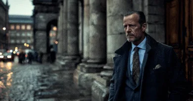 Bild av en medelålders man i formell klädsel, stående i ett regnigt, historiskt stadsmiljö. Kalkstensarkitektur och blöta gatstenar bidrar till en melankolisk atmosfär. **Midcent**: Samhälle.