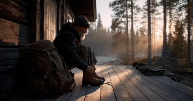 Midcent: En medelålders man knyter skosnören utanför en stuga i skogen. Soluppgång och frostig mark skapar en lugn atmosfär. Perfekt för en naturupplevelse eller avkopplande skogsretreat. Kategori: Resa.