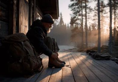 Midcent: En medelålders man knyter skosnören utanför en stuga i skogen. Soluppgång och frostig mark skapar en lugn atmosfär. Perfekt för en naturupplevelse eller avkopplande skogsretreat. Kategori: Resa.