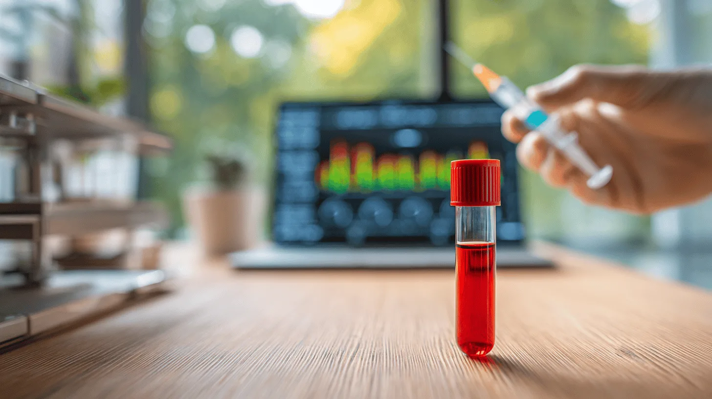 Midcent: En detaljbild på ett blodprov i ett provrör i ett laboratorium. I bakgrunden syns en suddig dator med statistik. Fokus på medicinsk forskning och analys. Hälsa.