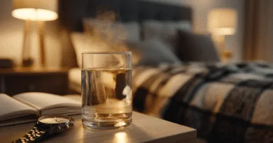 Midcent: Bilden visar ett nattduksbord med ett glas vatten, en bok och en klocka framför en säng, vilket skapar en mysig och avslappnad atmosfär. Kategorin är Hem och Inredning.