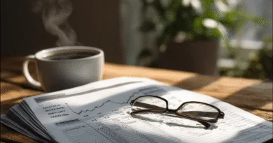 Midcent: En hög av ekonomidokument med glasögon ovanpå, dammar av mystik i solljuset. Intill står en rykande kopp kaffe på ett träbord, vilket frambringar en inspirerande start på dagen. Ekonomi.