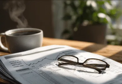 Midcent: En hög av ekonomidokument med glasögon ovanpå, dammar av mystik i solljuset. Intill står en rykande kopp kaffe på ett träbord, vilket frambringar en inspirerande start på dagen. Ekonomi.