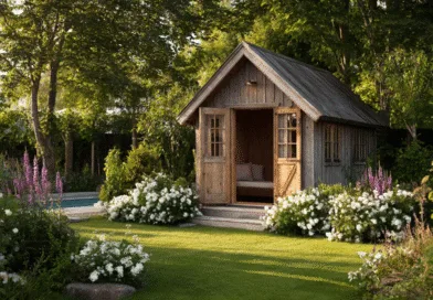 Midcent: En naturskön trädgård med ett charmigt träskjul omgivet av frodig grönska och färgglada blommor, som skapar en avkopplande och inbjudande atmosfär för avkoppling och njutning. Kategori: Resa.