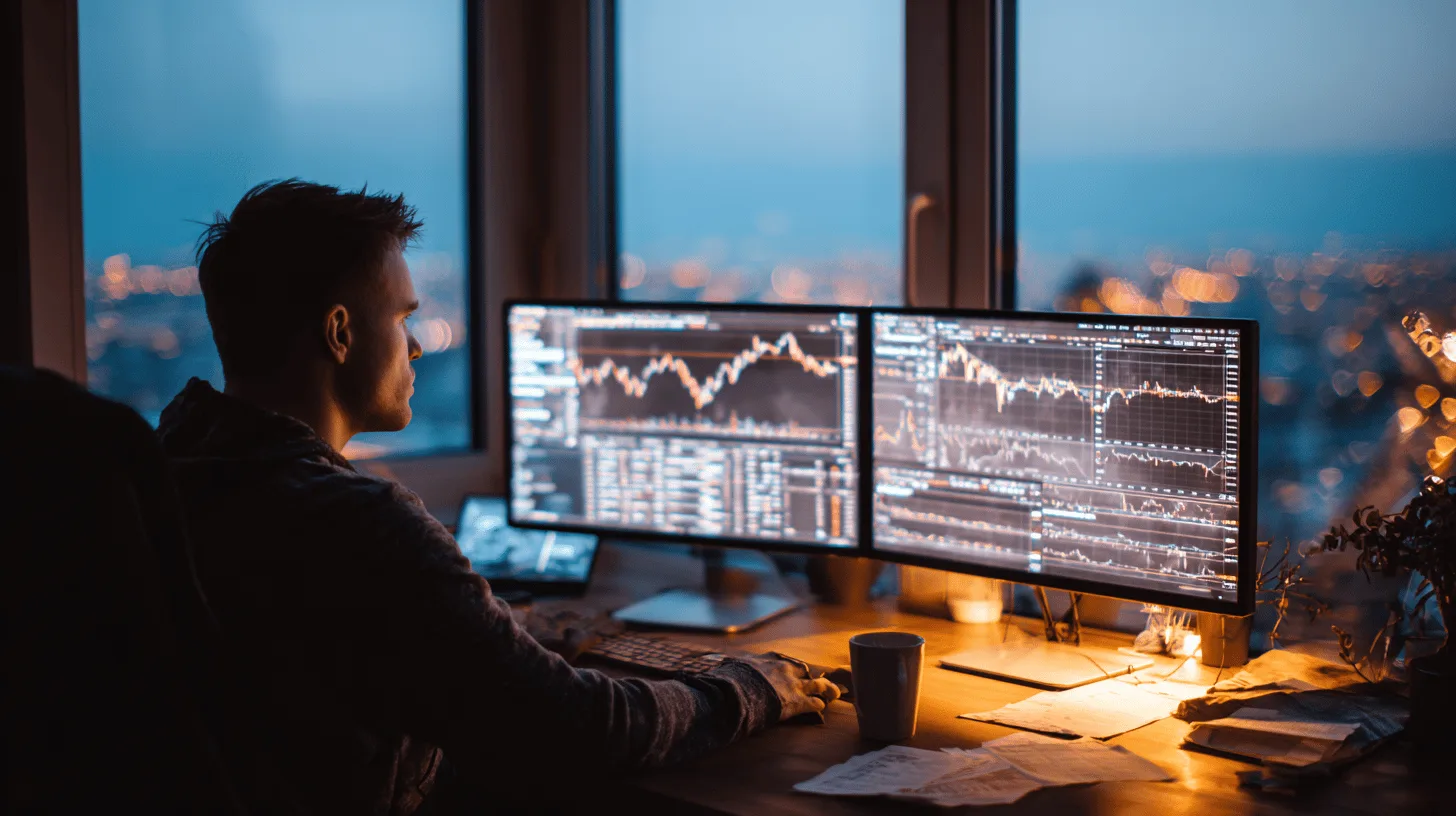 Midcent - En medelålders man analyserar aktiekurser på flera datorskärmar i en kvällsupplyst kontorsmiljö. Fokus på finansmarknader och teknologi. Kaffe och dokument ligger utspridda på skrivbordet. Ekonomi.