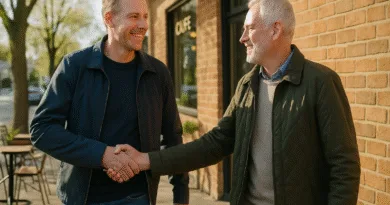 Två medelålders män utbyter ett vänligt handslag utomhus, mot bakgrund av en kaféfasad. Den avslappnade atmosfären speglar samarbete och affärssamarbete. Midcent. Ekonomi.