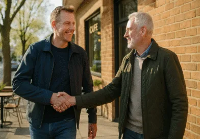 Två medelålders män utbyter ett vänligt handslag utomhus, mot bakgrund av en kaféfasad. Den avslappnade atmosfären speglar samarbete och affärssamarbete. Midcent. Ekonomi.