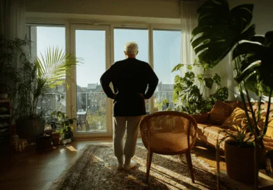 En medelålders man står i ett soligt rum med rika gröna växter och en modern inredning, vilket skapar en harmonisk atmosfär av välbefinnande och avkoppling. Midcent - Hem & Inredning.