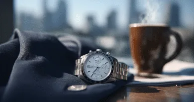 Midcent: Elegant klocka fångad i skarp detalj bredvid ångande kaffekopp, placerad på mörk kostym och glänsande bord. Stadssiluett i bakgrunden skapar lyxig atmosfär. Perfekt för mode och stil. Kategori: Underhållning.