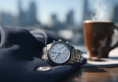 Midcent: Elegant klocka fångad i skarp detalj bredvid ångande kaffekopp, placerad på mörk kostym och glänsande bord. Stadssiluett i bakgrunden skapar lyxig atmosfär. Perfekt för mode och stil. Kategori: Underhållning.