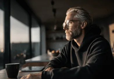 En medelålders man i avslappnad miljö tittar ut genom ett stort fönster, med en kopp kaffe och en bärbar dator på bordet. Solnedgången skapar en lugn atmosfär. Midcent. Kategori: Samhälle.