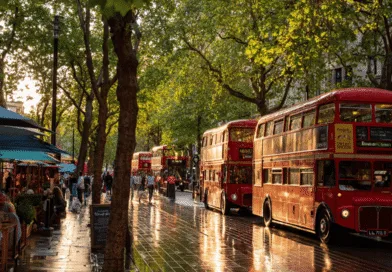 Mitt i Londons pulserande stadsliv fångar bilden två ikoniska röda dubbeldäckare som kantas av grönska och livliga caféer. Perfekt upplyst av dagens sista ljusstrålar. Midcent - Resa.