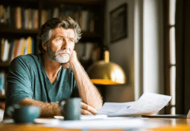 En medelålders man sitter tänkande vid ett skrivbord med dokument och en dator, omgiven av böcker. Bilden fångar en lugn, reflekterande stämning. Midcent. Kategori: Samhälle.