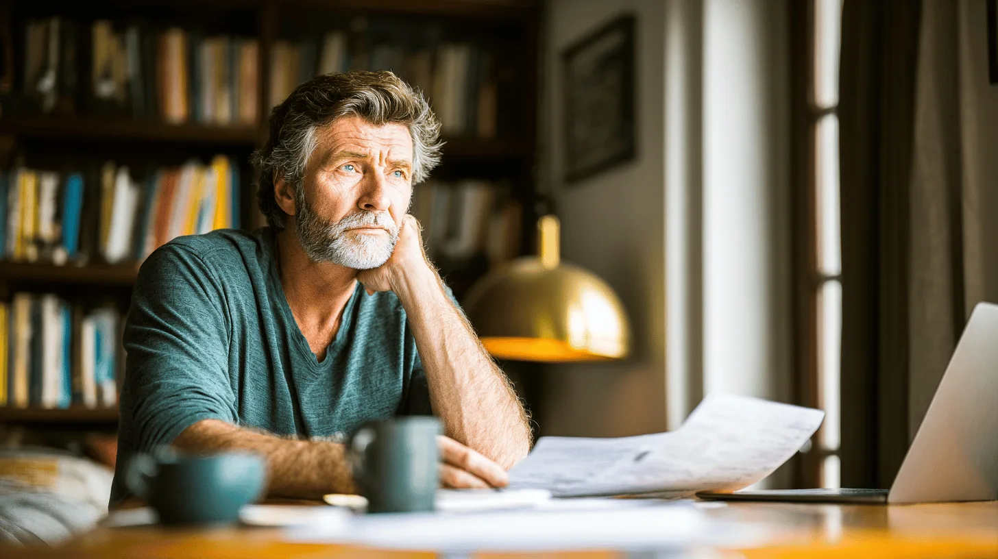 En medelålders man sitter tänkande vid ett skrivbord med dokument och en dator, omgiven av böcker. Bilden fångar en lugn, reflekterande stämning. Midcent. Kategori: Samhälle.