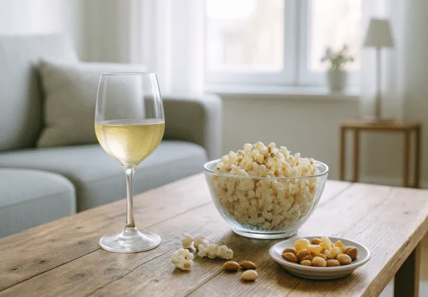 På bilden syns ett glas vitt vin, popcorn och nötter på ett soffbord i en stilrent inredd vardagsrumsmiljö. Perfekt för en avslappnad hemmakväll. Midcent Mat.