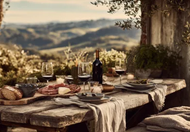 Midcent: En charmig utomhusmiddag med rustik atmosfär, vin och delikatesser omgiven av natursköna vyer. Perfekt för avkoppling och njutning av god mat och vacker utsikt. Kategori: Mat.
