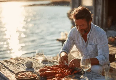 Midcent: En medelålders man njuter av skaldjur vid en vacker sjö, med solnedgången som fond. Den avslappnade atmosfären och det kulinariska fokuset skapar en idyllisk upplevelse. Mat.