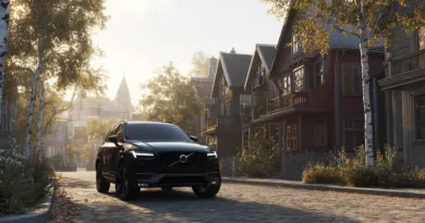 Midcent: En elegant svart SUV står parkerad på en pittoresk gata omgiven av charmiga hus och höstlandskap i morgonljuset. Harmonisk balans mellan natur och urban stil.Kategori: Resa.