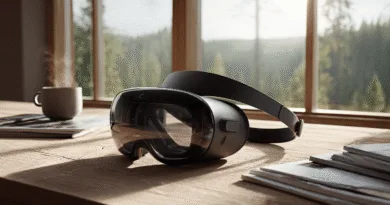 Midcent: Ett VR-headset vilar på ett träbord med en kaffekopp i närheten, upplyst av naturligt ljus genom stora fönster. Bilden skapar en upplevelse av innovation och avkoppling. Teknik.
