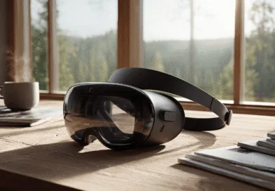 Midcent: Ett VR-headset vilar på ett träbord med en kaffekopp i närheten, upplyst av naturligt ljus genom stora fönster. Bilden skapar en upplevelse av innovation och avkoppling. Teknik.