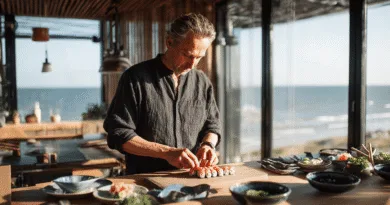 Vrå i Göteborg – Sushi med svenska superkrafter En medelålders man förbereder sushi i ett kök med havsutsikt. Han arbetar noggrant med ingredienser på ett naturskönt ställe. Midcent. Kategori: Mat.