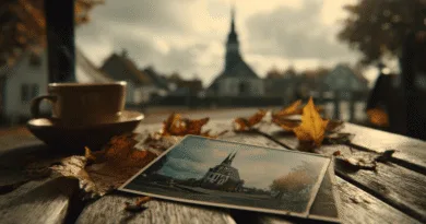 Midcent: Höstlandskap med kaffekopp, tempelfotografi och färgglada löv på träbord, skapar en nostalgisk atmosfär. Perfekt för att illustrera lugn och reflektion under en höstresa. Kategorin är Resa.