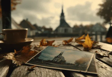 Midcent: Höstlandskap med kaffekopp, tempelfotografi och färgglada löv på träbord, skapar en nostalgisk atmosfär. Perfekt för att illustrera lugn och reflektion under en höstresa. Kategorin är Resa.