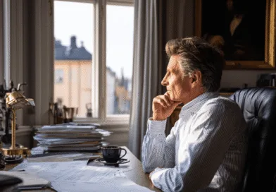 Midcent: En medelålders man sitter vid ett skrivbord i ett kontor med en kaffekopp och papper, tänker vid ett fönster med stadsutsikt. Kategorin är Ekonomi.