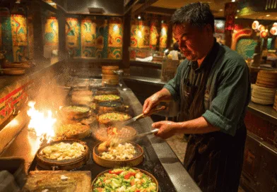 En medelålders man lagar mat med intensiva lågor i en livlig restaurangmiljö. Färgglada grönsaker och wokpannor syns. Midcent Mat.