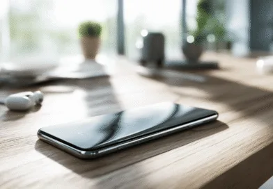 På ett elegant skrivbord ligger en modern smartphone med hörlurar, belyst av naturligt ljus. Minimalistisk teknikdesign möter vardagspraktik i en stilren inomhusmiljö. Perfekt för den produktiva individen.Midcent - Teknik.