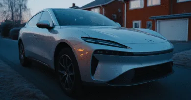 Midcent presenterar en elegant elbil parkerad framför ett modernt hem. Bilden fångar bilens stilrena design och framhäver framtidens mobilitet. Perfekt för bilentusiaster och teknologiska framsteg. Teknik.