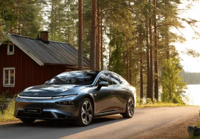 Midcent: Elektrisk bil vid en sjö, omgiven av nordisk skog och en typisk röd stuga, fångar essensen av hållbarhet och modern design. Perfekt för den som söker naturupplevelser med stil. Kategori: Resa.